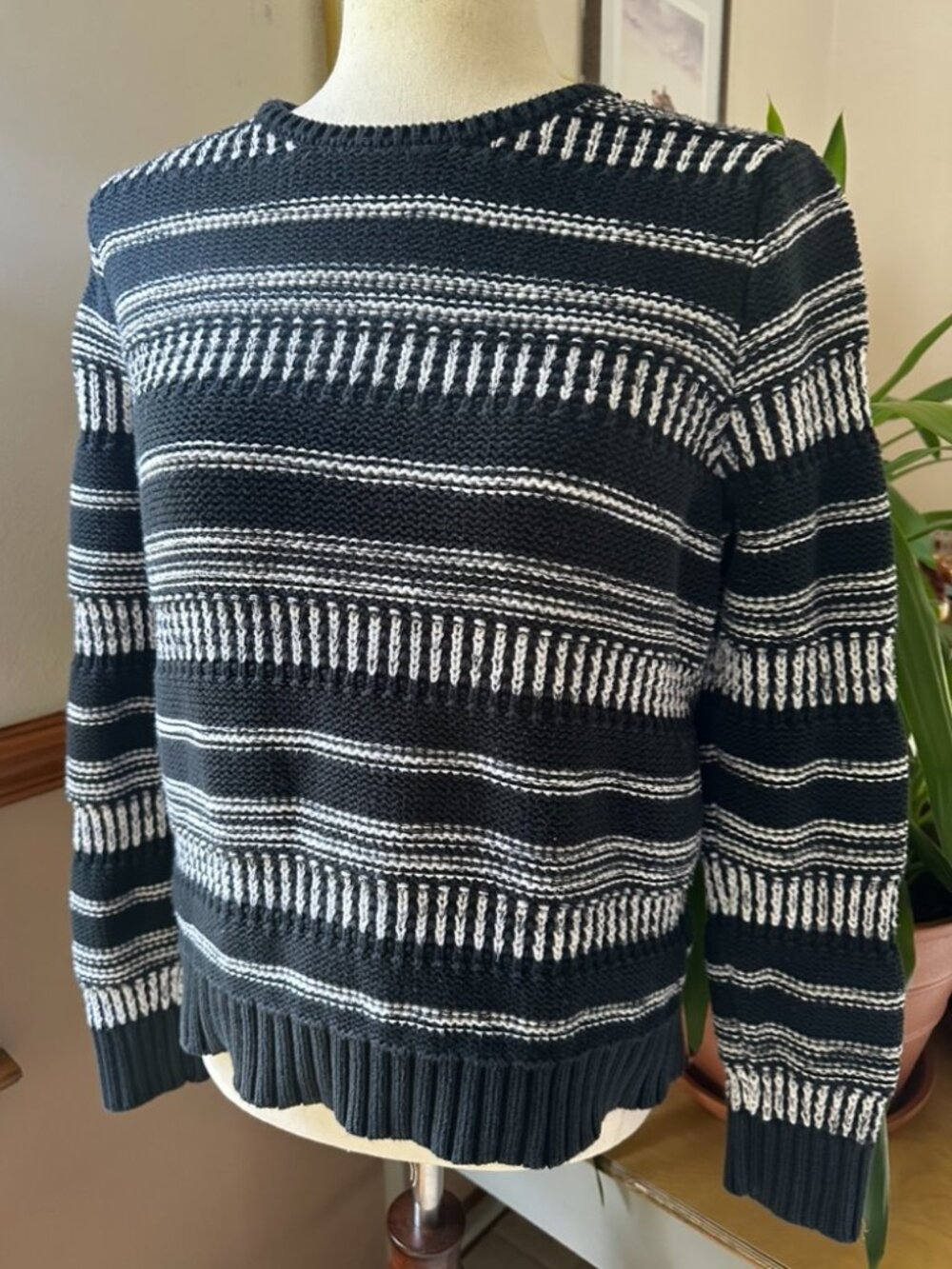 Banana Republic Sweater, Black and White Stripe Crew Neck, Women's M
